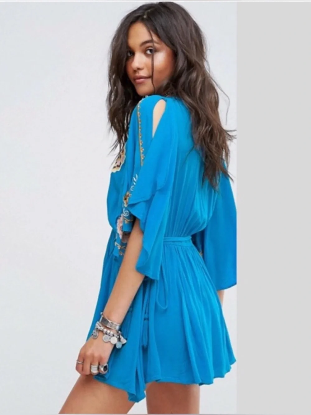 Free People Cora Embroidery Mini Dress Blue Coachella Stagecoach Festival - Picture 13 of 13